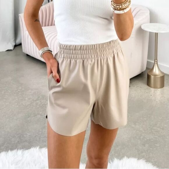 Abercrombie & Fitch Pants - Abercrombie & Fitch Vegan Leather Dolphin- Hem Shorts Elastic Waist Taupe Sz M